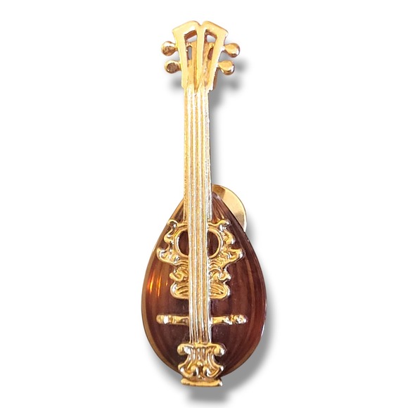 Avon Amber Lucite Celluloid Mandolin Guitar Musical Instrument Brooch Pin Vtg - Picture 1 of 14